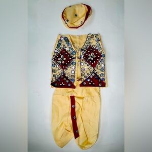 OFF-WHITE PYJAMA DHOTI AND CAP, SLEEVELESS JACKET WITH SEQUIN AND BEAD WORK